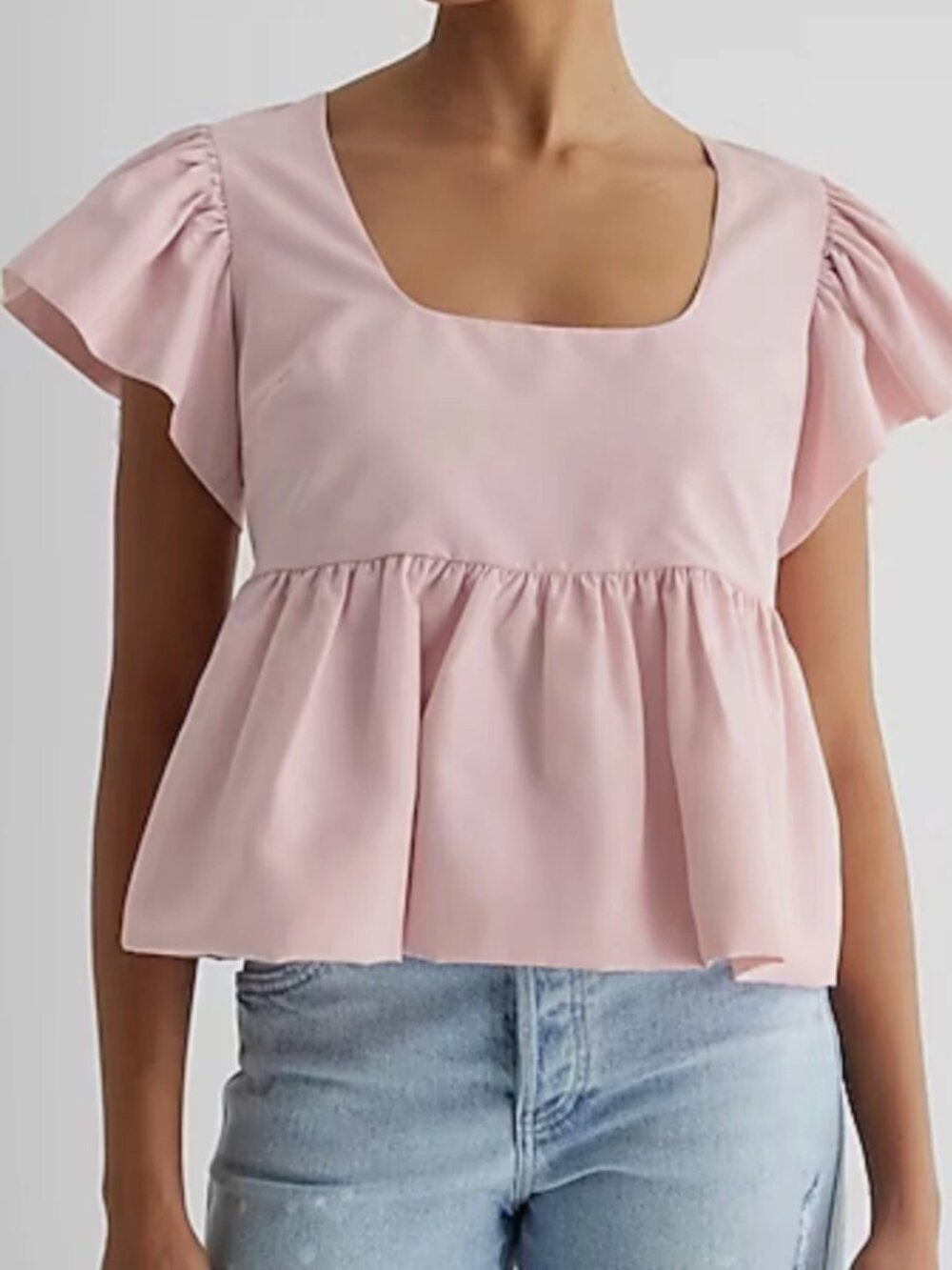 NWT Express Square Neck Flutter Sleeve Peplum Babydoll Top Pastel Pink XS